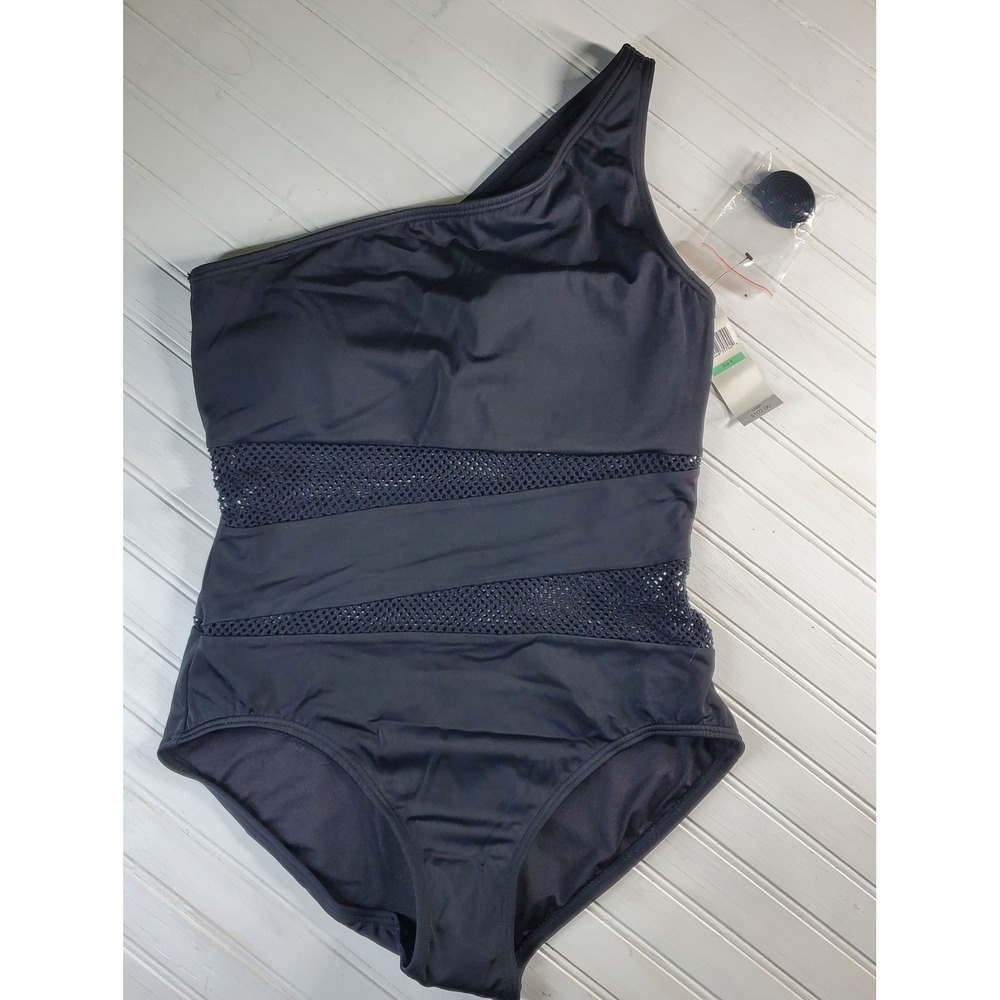 New Carmen Marc Valvo Women's Black One Shoulder One Piece Swimsuit Size 8 Mesh